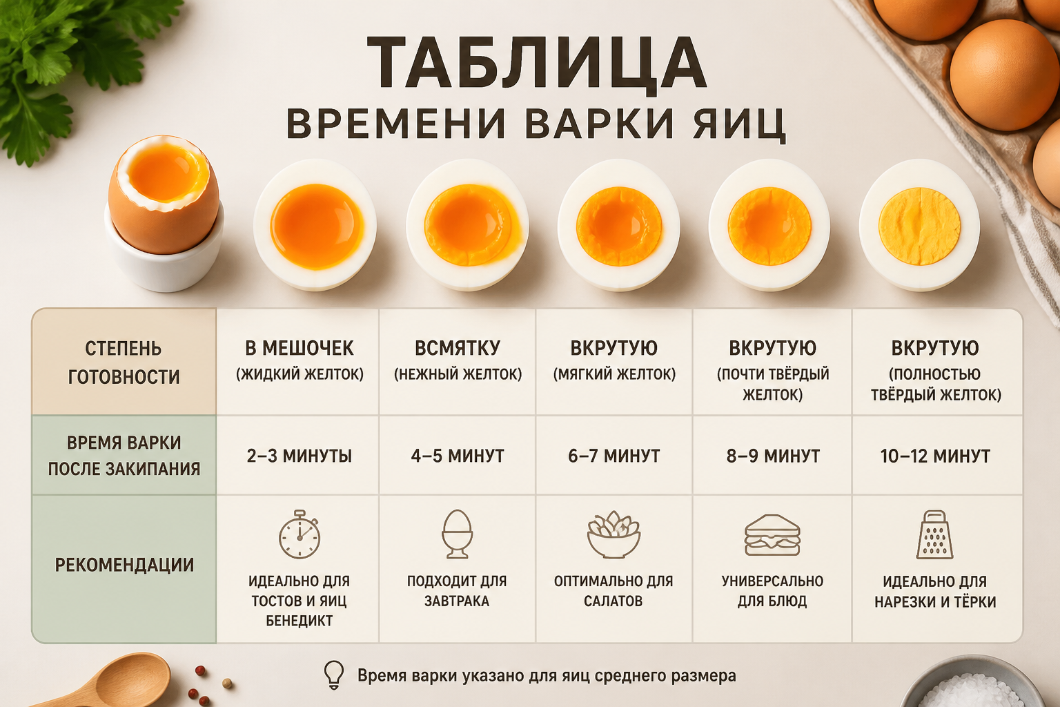 Таблица времени варки яиц — иллюстрация к статье «сколько варить яйца»