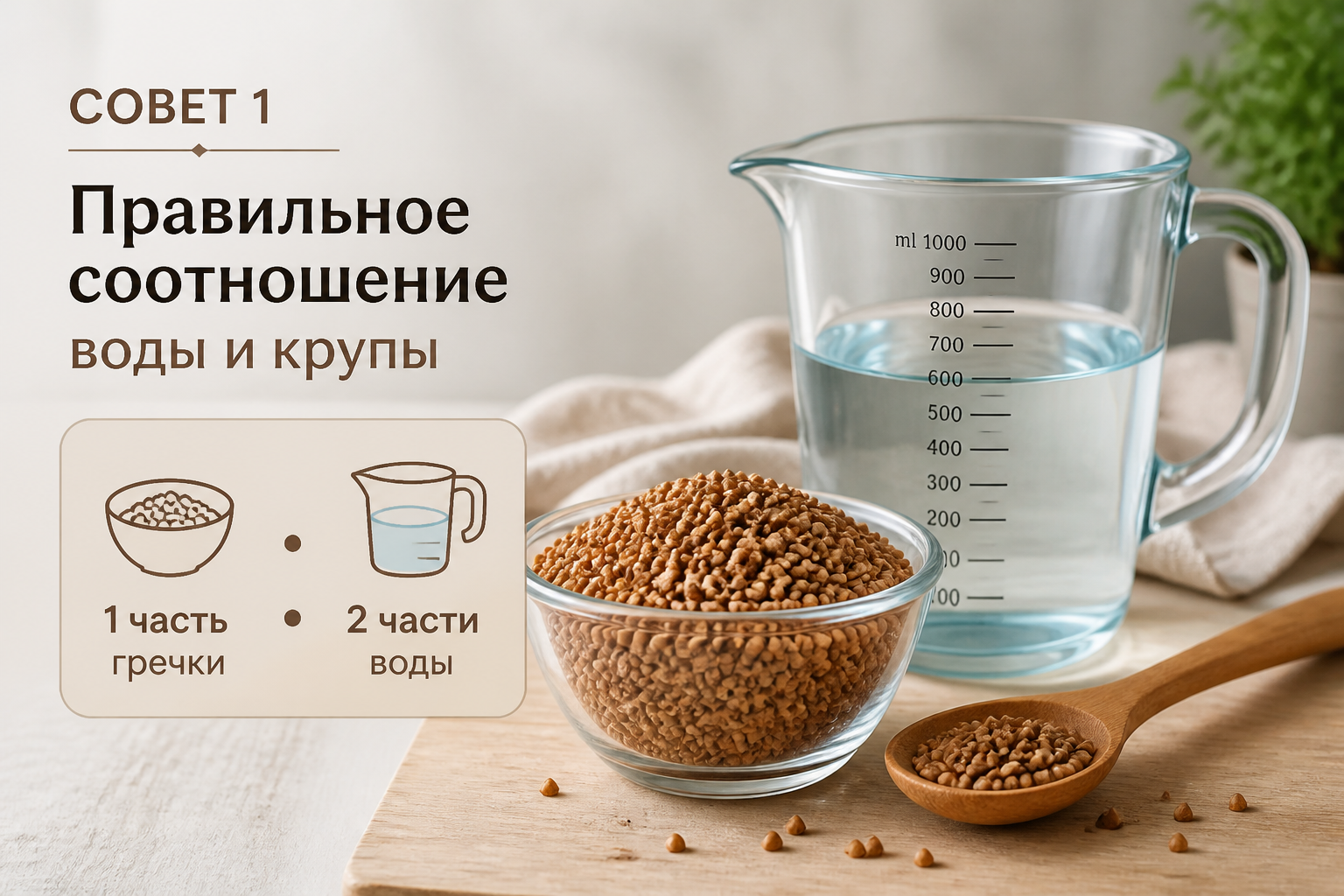 Совет 1. Правильное соотношение воды и крупы — иллюстрация к статье «как варить гречку топ 5 советов»
