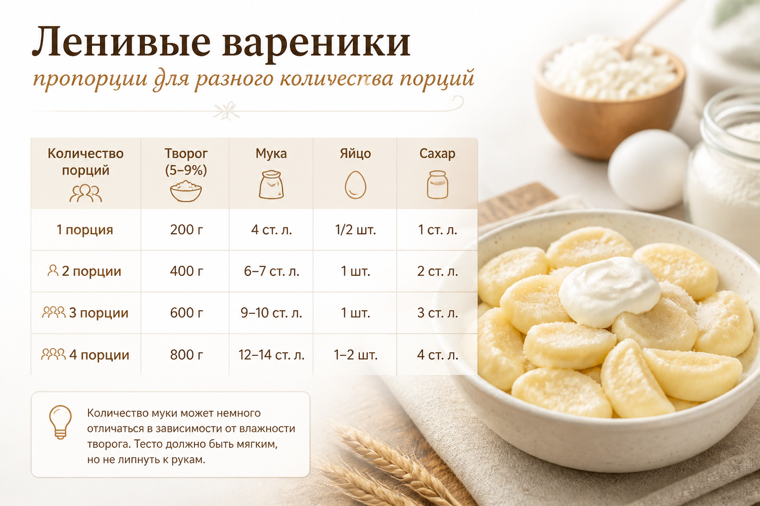 Пропорции для разного количества порций — иллюстрация к статье «ленивые вареники рецепт»